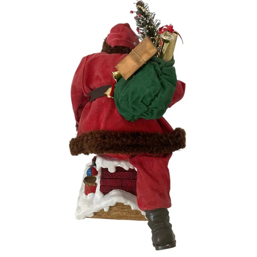Vintage 90s Santa Claus Figurine Gift Delivery Chimney Fabric Mache 9